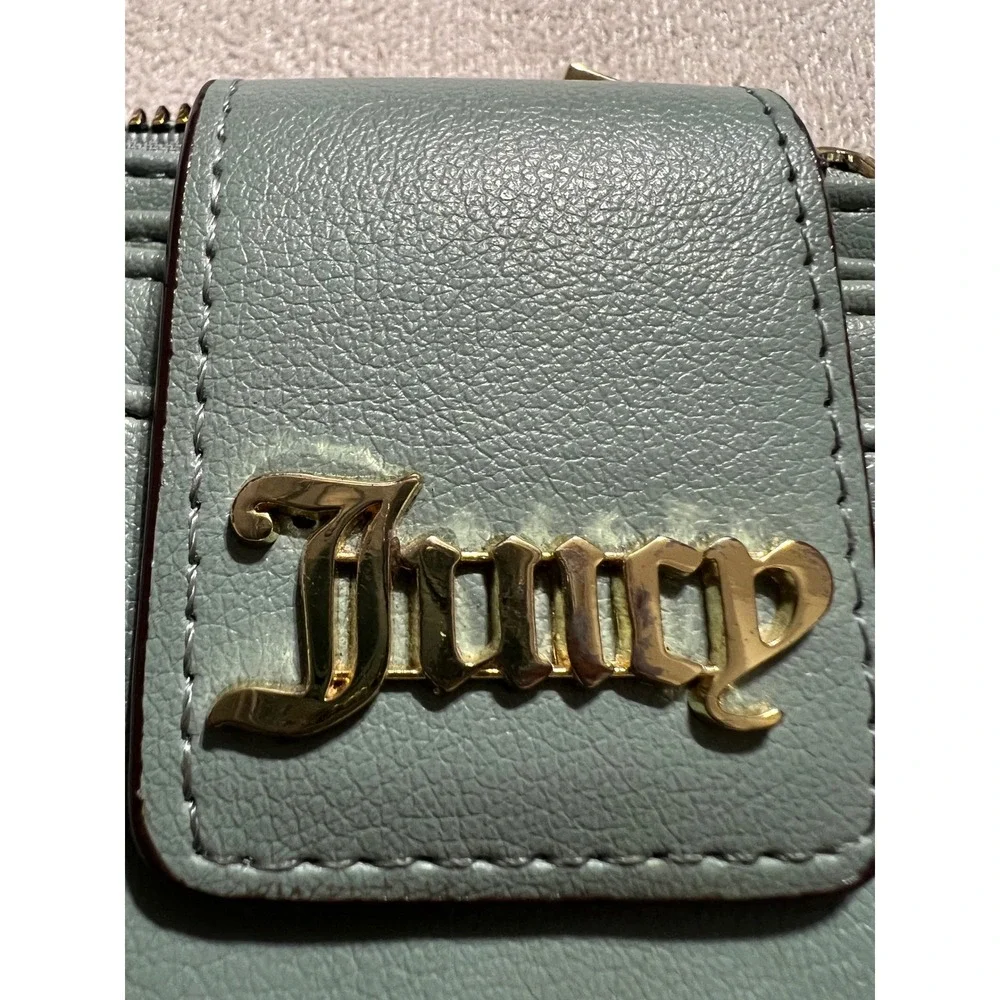 Juicy Couture Sage Green Card Holder Wallet Gold Studded ID Window Zip Pocket